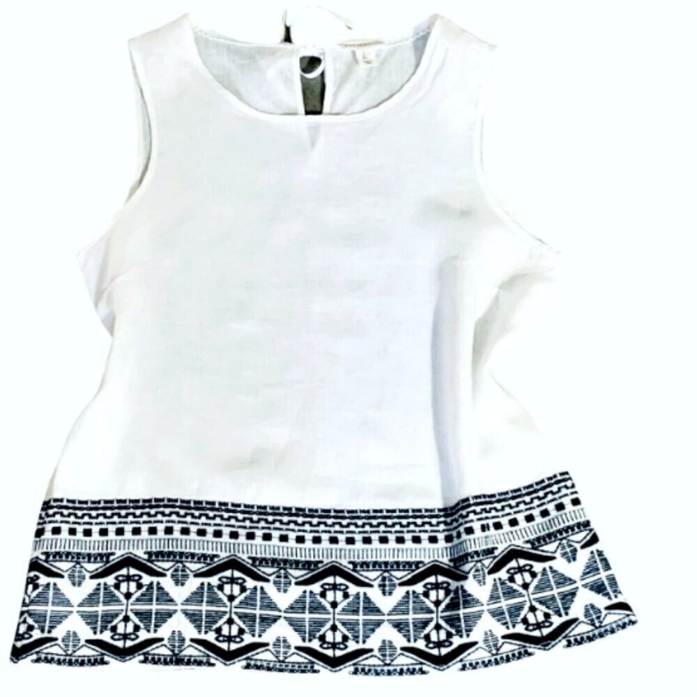 Artisan NY White Linen Sleeveless Tank Top Embroidered Tribal Border Sz‎ L #354B